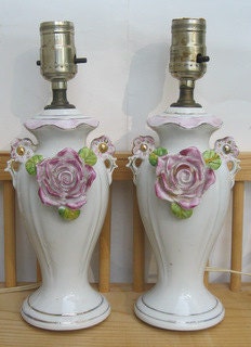 Beautiful Pair of  Porcelain Flower Lamps Made in Occupied Japan