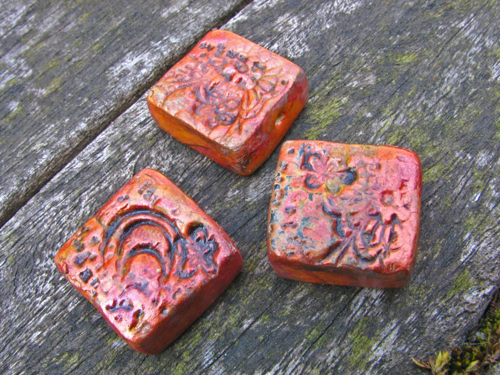 Large Orange & Bronze Textured Polymer Clay Tile Beads