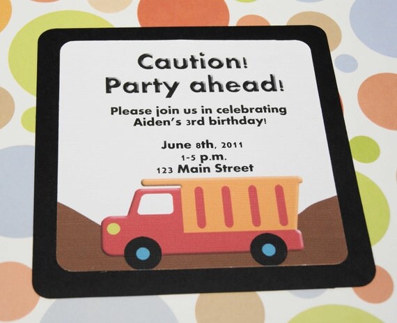 Personalized Dump Truck Birthday Invitation, Boy, Red, Yellow,  Construction Equiment - Set of 12