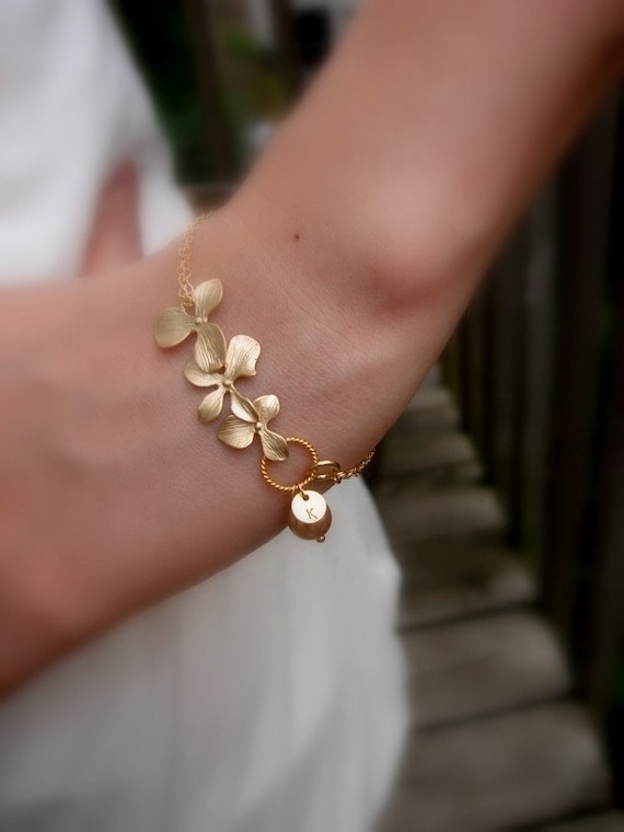 Bridesmaid Gifts - SET OF 5 Orchid , champagne pearl , gold filled chain BRACELETS -custom initials and stones