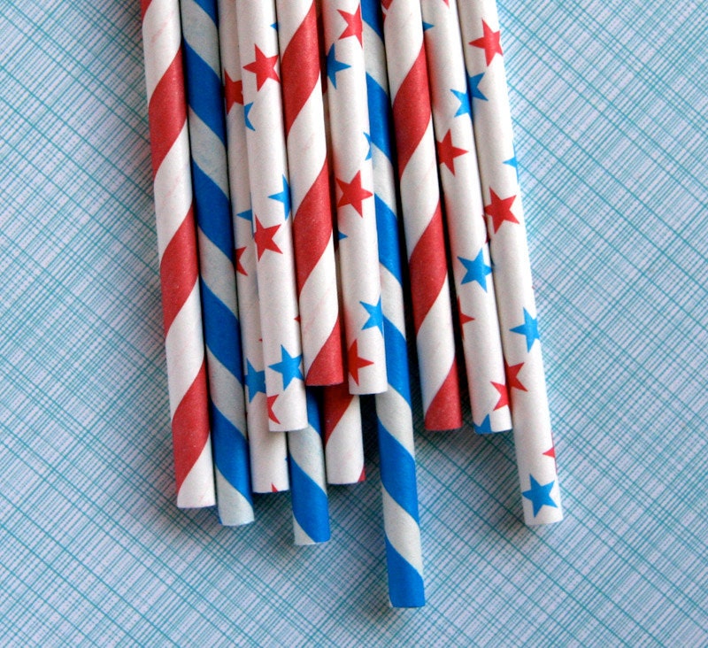 Stars and Stripes Mix Paper Straws with DIY Flags - Red, White and Blue (24)