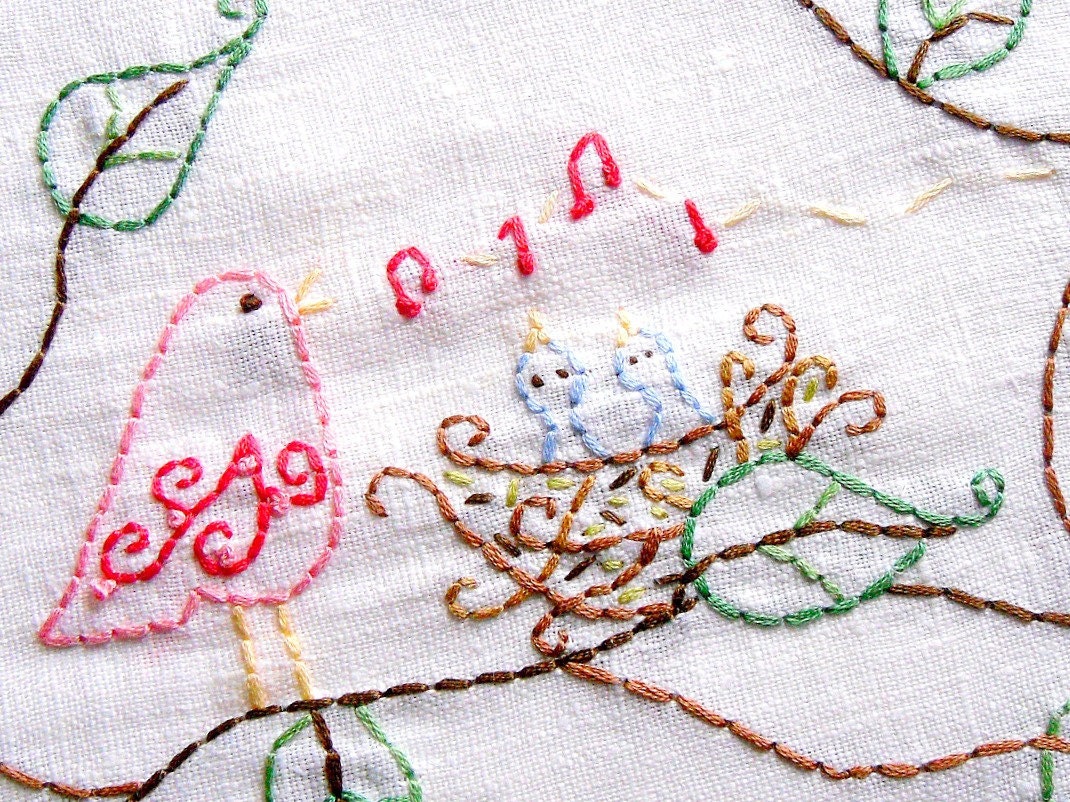 Embroidery Pattern PDF with Tea Towel Sewing Instructions- Birdy Lullaby