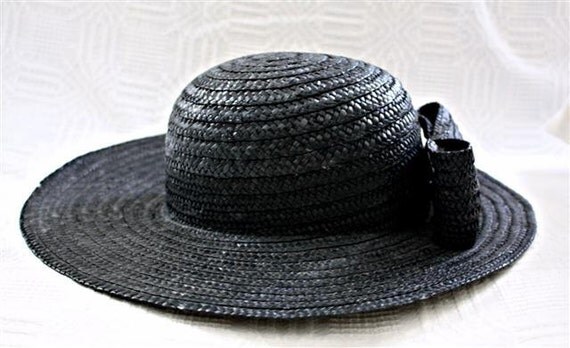 Vintage Black Straw Sunhat with Straw Bow in Back Jennifer Moore made in Italy by TogetherAgain on Etsy