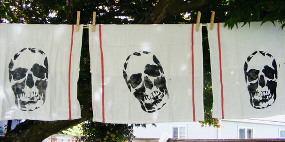 Trio of Skulls set of 3 hand printed tea towels FREE US SHIPPING