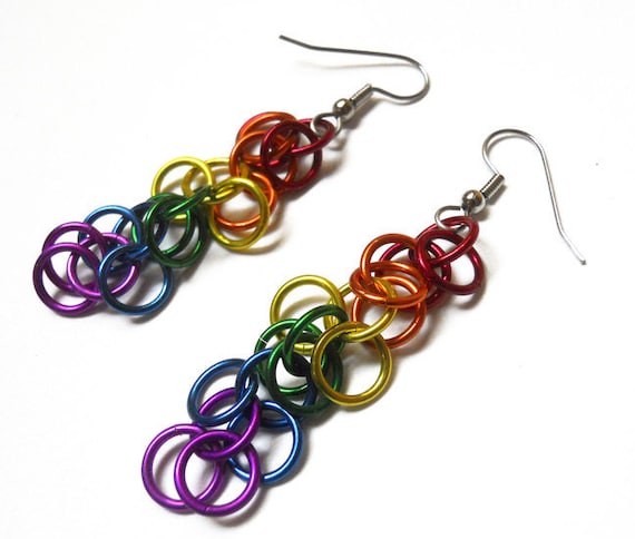 Chainmaille earrings -- Gay Pride rainbow shaggy loops weave