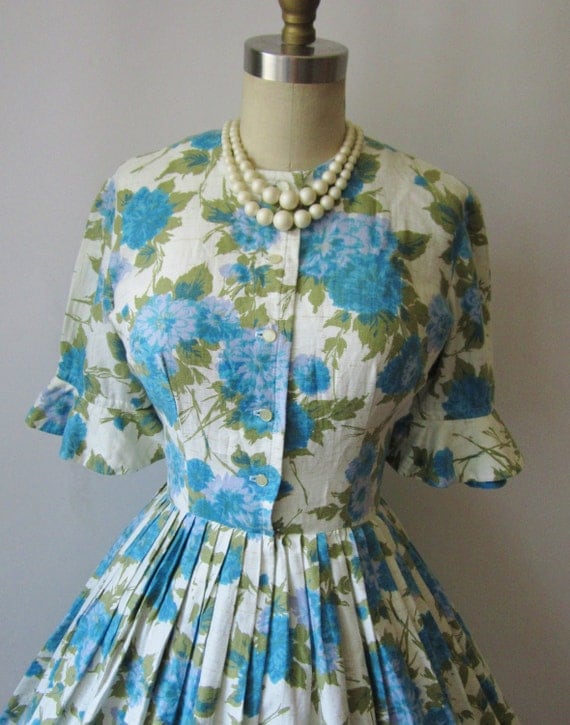 1950's Floral Cotton Garden Party Mad Men Summer Dress S