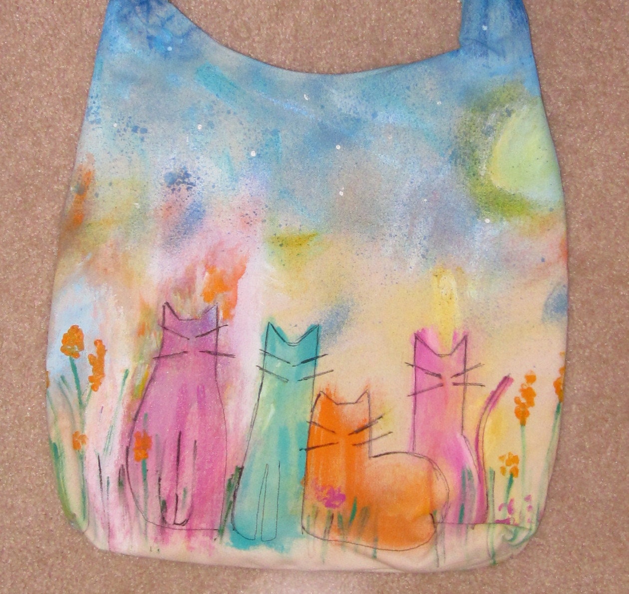 Large whimsical hand painted cat tote