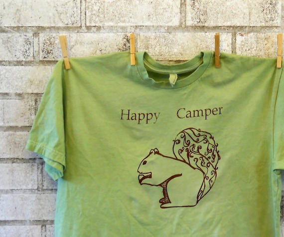 cotton crewneck Men's Happy Camper squirrel  tshirt in brown and apple green or custom colors