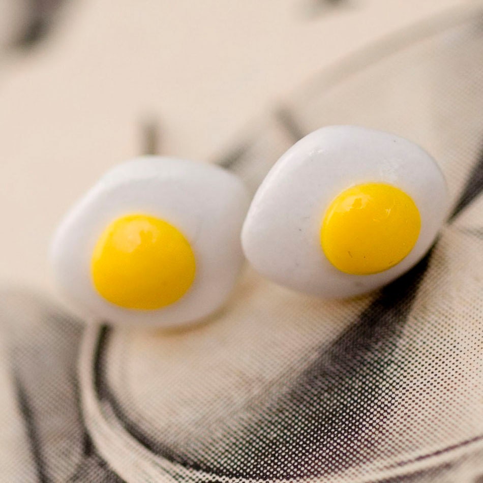 Roscata Sunny Fried Egg Stud Post Earrings - Handmade Polymer Clay Food Miniature Art Jewelry