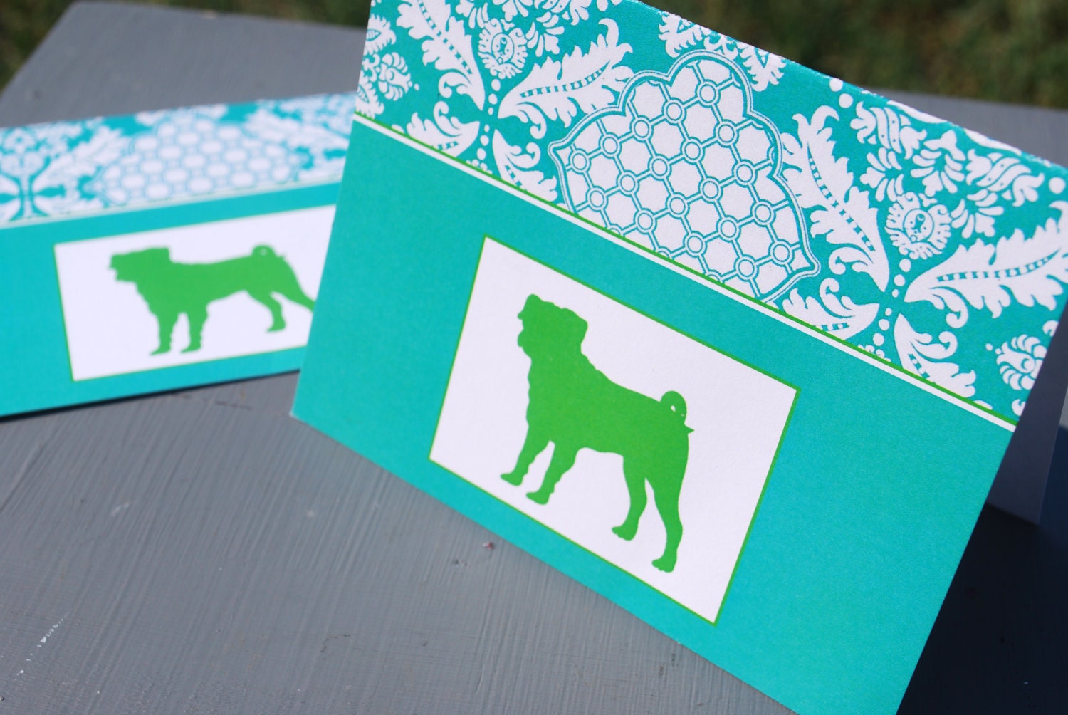 Teal & Green Pug Set of 8 Blank Note Cards
