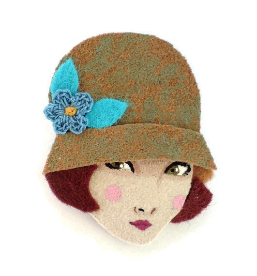 Fabric brooch - Emma, Twenties flapper girl, retro wearable art, Autumn, golden brown, copper