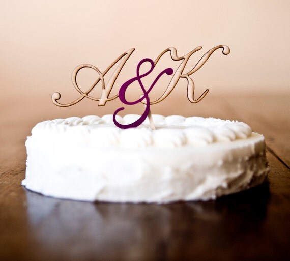 The Rustic Chic Monogram Wedding Cake Topper in Magenta - Birch Wood - Fast Shipping