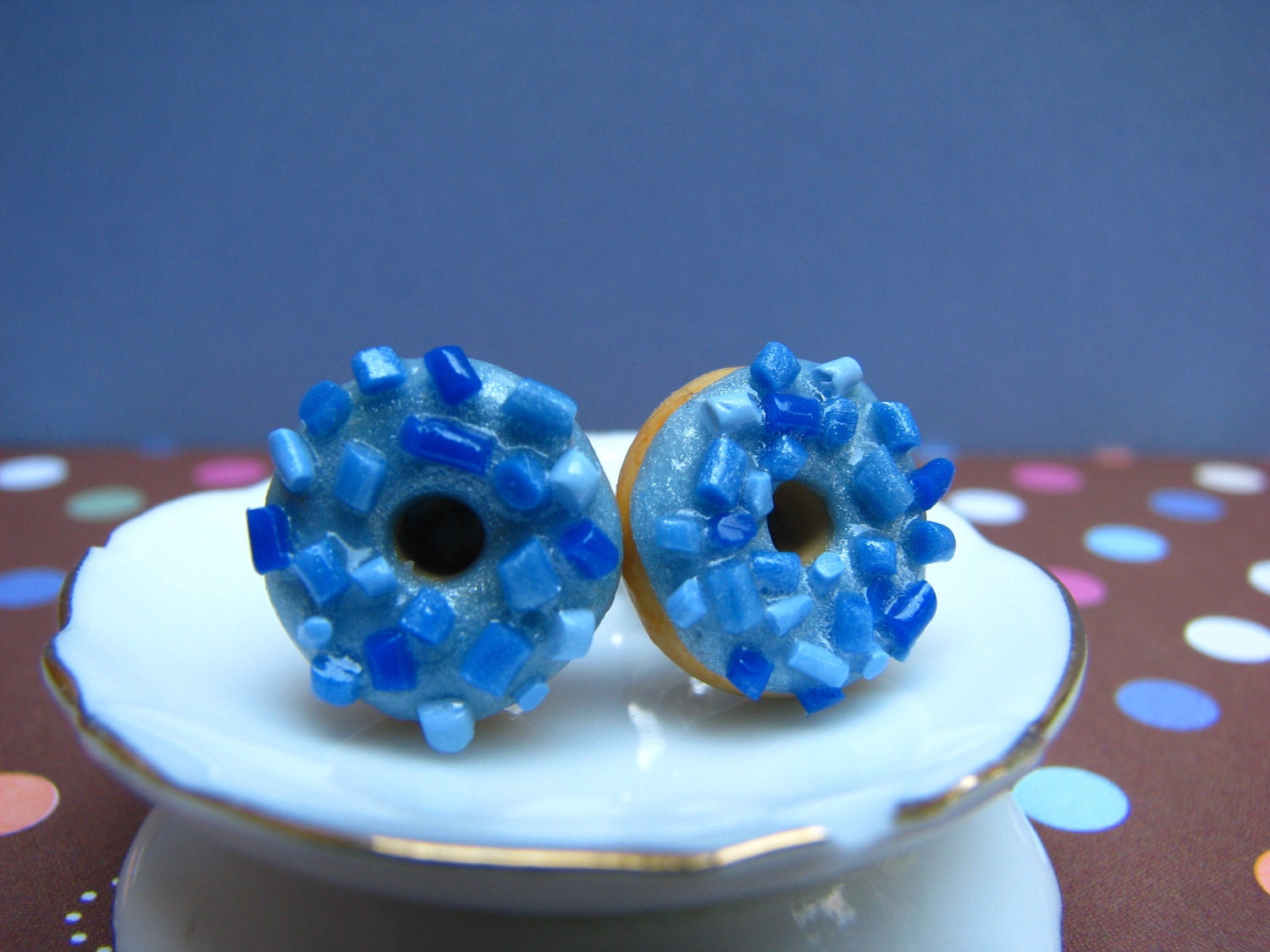 Yummy Donuts with Blueberry Frosting and Sprinkles Polymer Clay Earring Studs