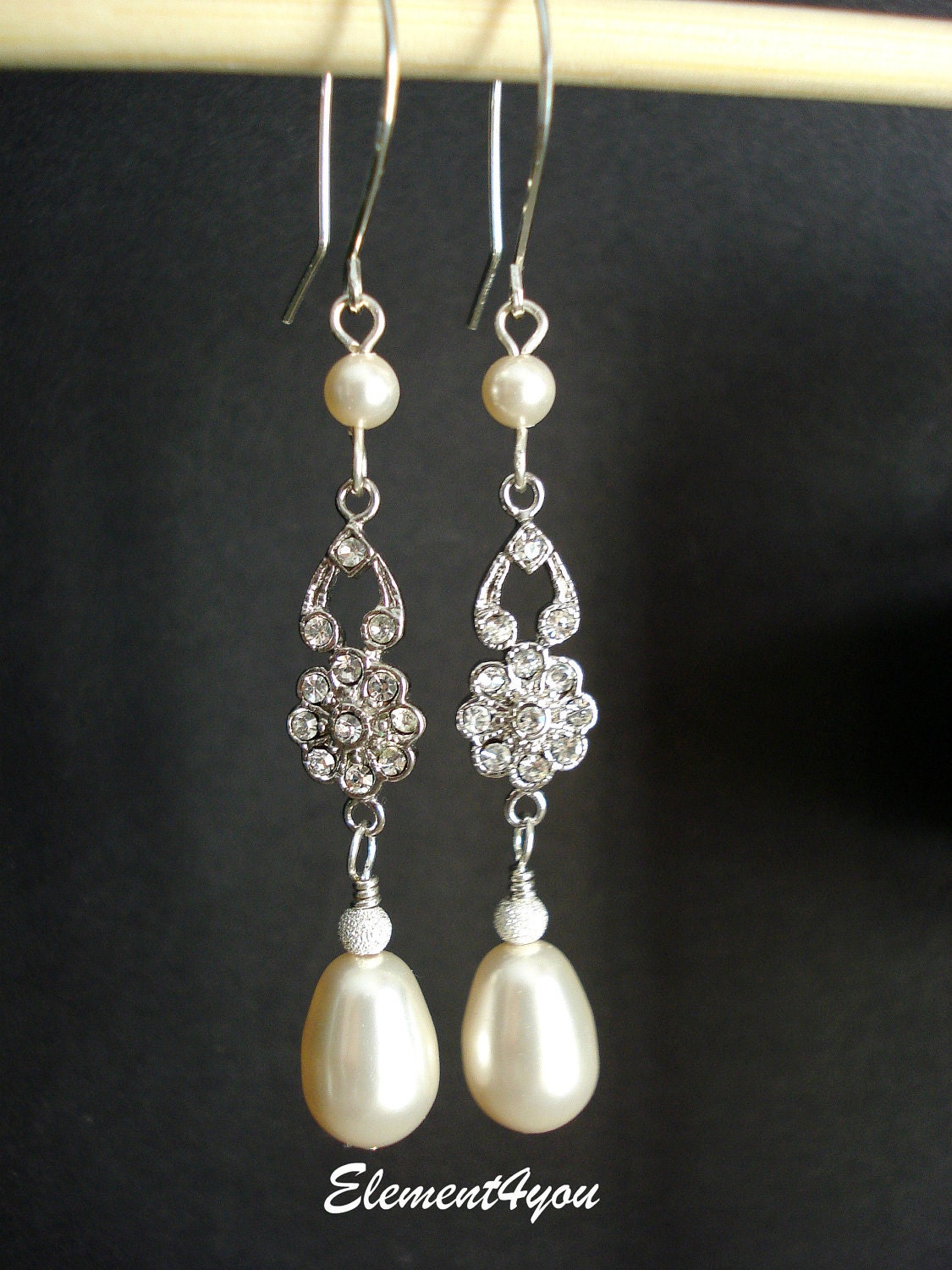Rhinestone earrings Bridal Jewelry Pearl drop dangle Bride Bridesmaid gift Wedding earrings Swarovski pearl Silver Ivory or white teardrop