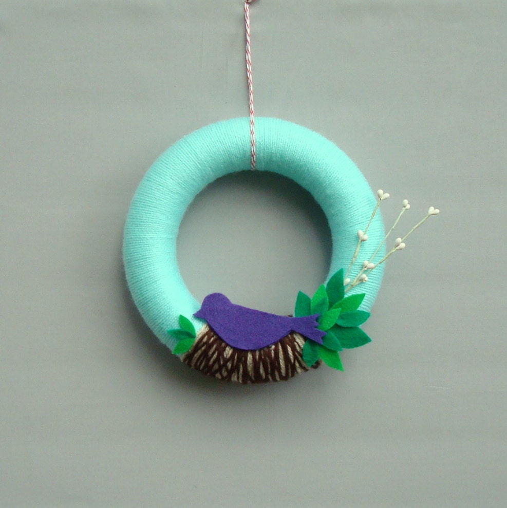 Yarns for Summer Wreath - The bird a nest, the leaves, mint, brown, purple and green - "Singing Spring"