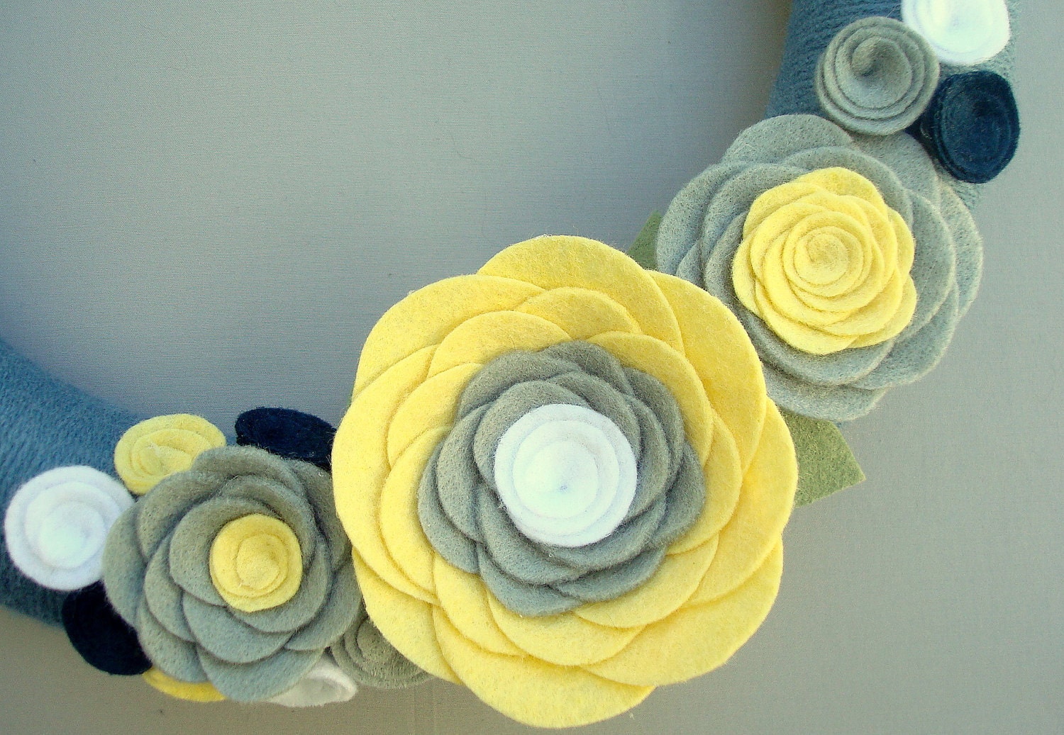 Blue Wreath Yarn and Felt Flowers.  12 "- blue, pale yellow, light gray, white, and navy - Clouds in the Sunshine