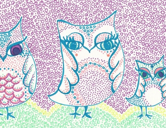 Three Owl Sisters in a Purple Evening- Original Drawing of SharpieLove