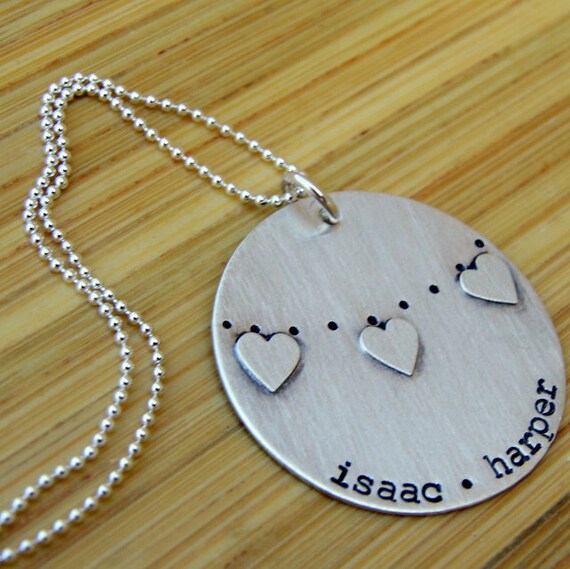 Hand Stamped Sterling Silver Bunting Banner Pennant Heart Necklace with names