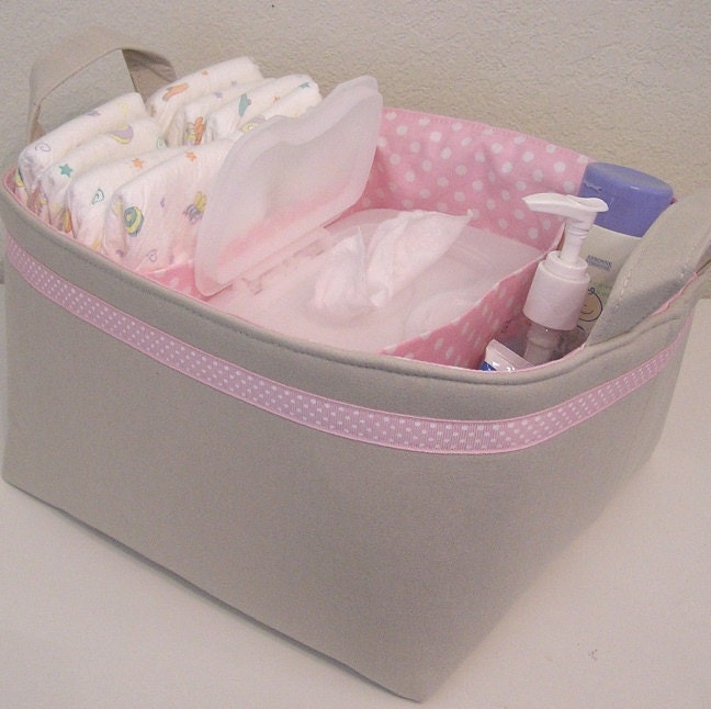 Natural Linen Pink Polka Dot Accent  Fabric Organizer Bin Basket Diaper Caddy ..... with Dividers