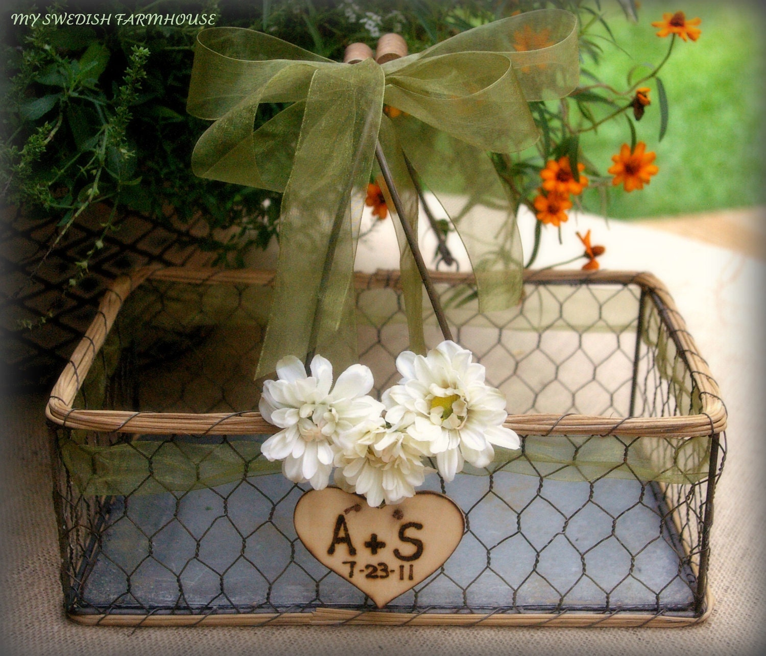 LG Chicken Wire Card Basket Box Table Centerpiece Rustic Barn Wedding Personalized Engraved Heart (Your Color Choice of Ribbon and Flower)