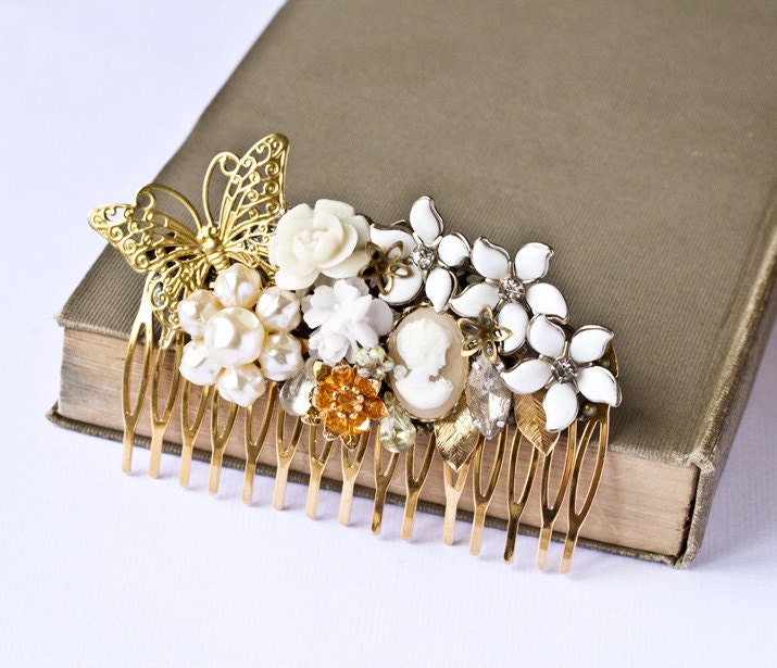 Hair Comb Wedding Gold and White Shabby Chic Bride Vintage Collage upcycle