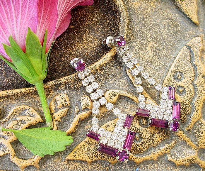 Clear Purple Rhinestone Dangling Earrings by Katofmanycolors prom jewelry 