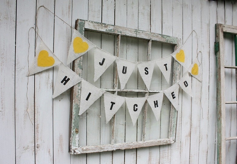 Just Hitched burlap banner with canary yellow hearts