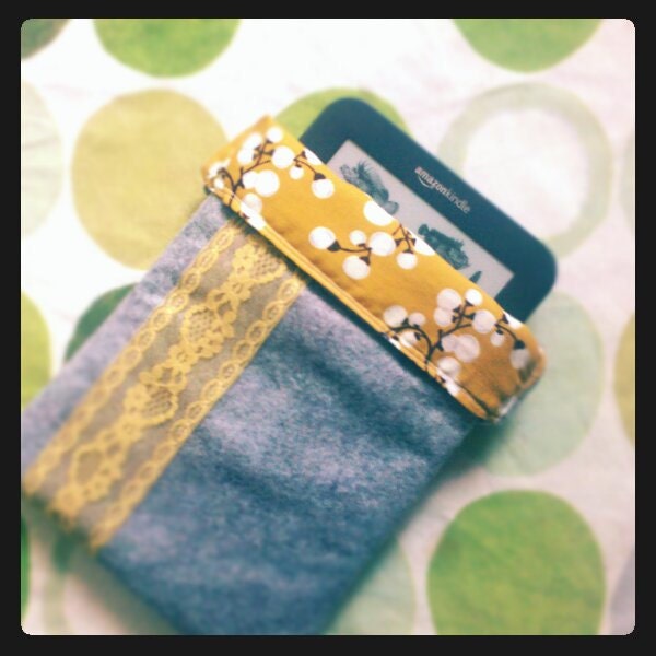 Grey Felt Kindle Sleeve with Yellow Lace Detail