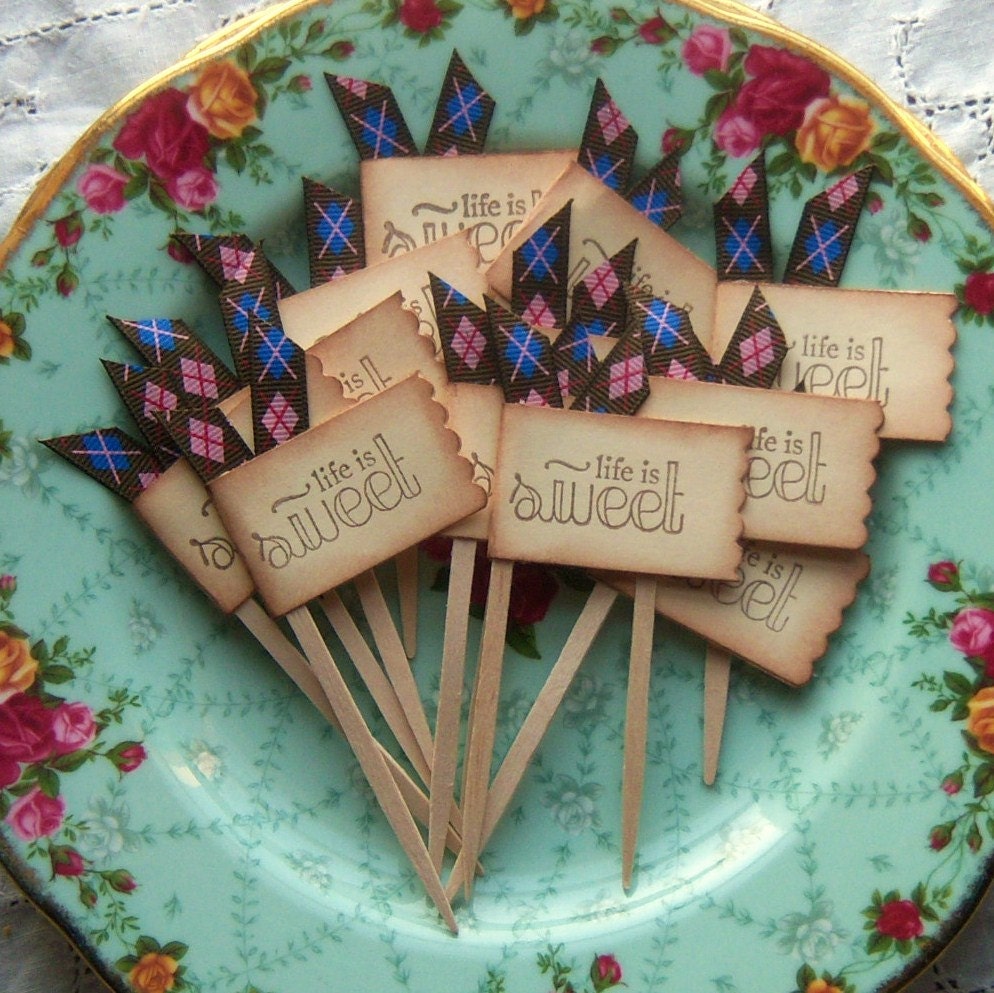 Life is Sweet Cupcake Toppers and  Party Picks - Argyle - Vintage Inspired