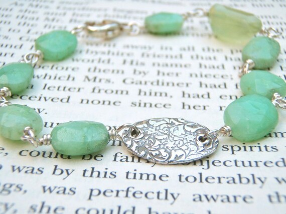 chalcedony and aquamarine gemstone charm bracelet . eco silver hope charm . wire wrapped gemstones by peacesofindigo