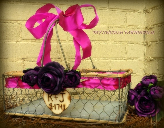 LG Chicken Wire Card Basket Box Table Centerpiece Rustic Barn Wedding Personalized Engraved Heart (Your Color Choice of Ribbon and Flower)