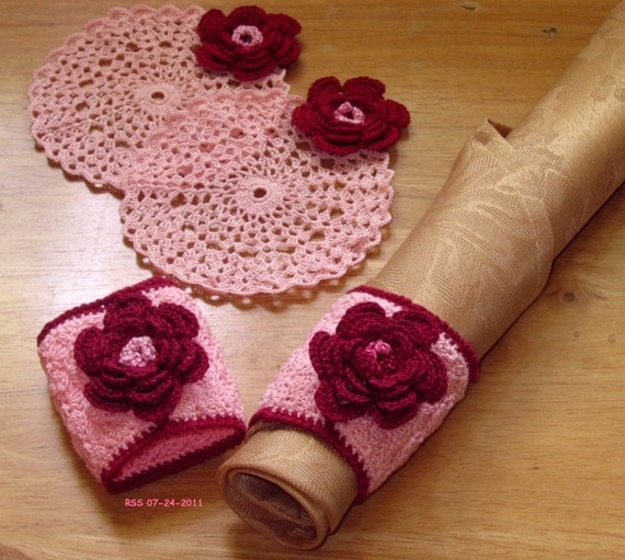 3D Burgundy Roses on Pink - Coaster & Napkin Ring Set, Flower Decor, Romantic, Thread Crochet Art