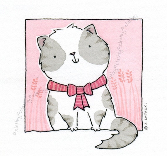 Gray and White Kitty Cat with Stripey Bow - Original Watercolour