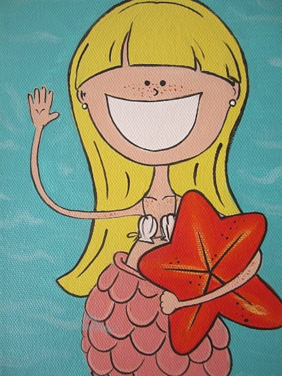 Blonde Mermaid with Pink Fin and Orange Starfish