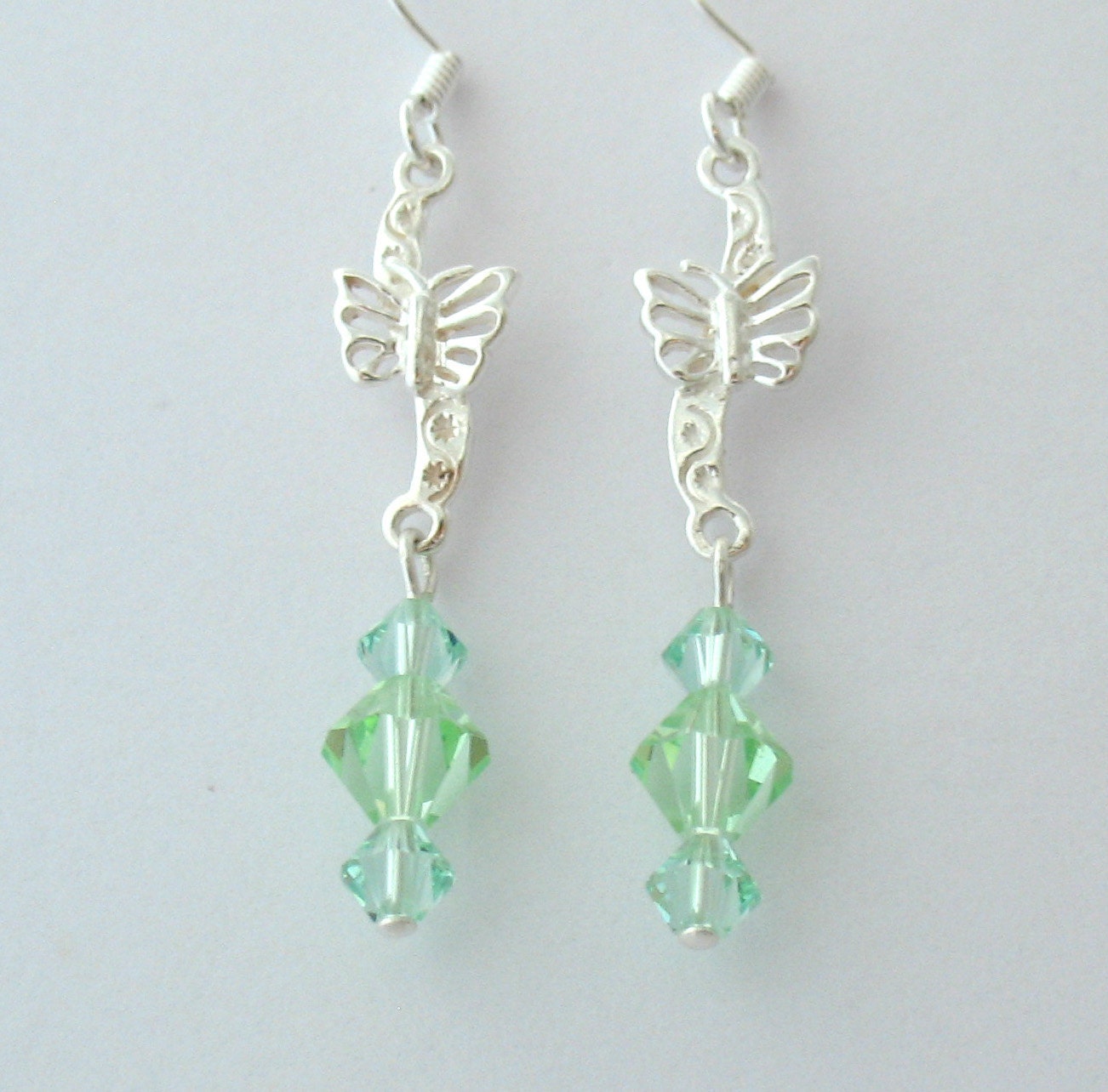 Crystal Butterfly Earrings, Mint Green Swarovski Crystallized Elements, Sterling Silver