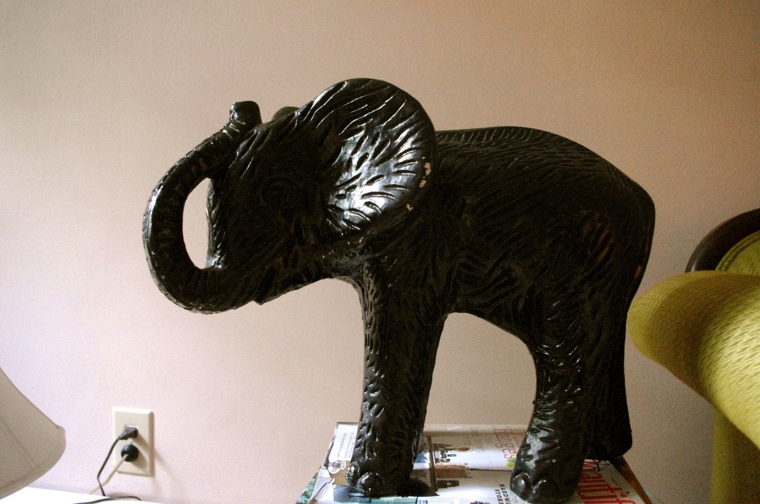 LARGE Vintage Black Plaster Elephant