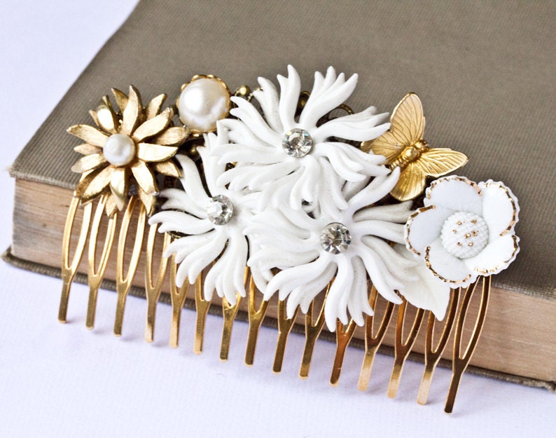 Hair Comb - The Blushing Bride White Wedding Shabby Chic Vintage Collage upcycle