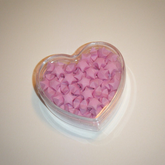Tiny Pale Pink Origami Lucky Stars in Clear Plastic Heart Container