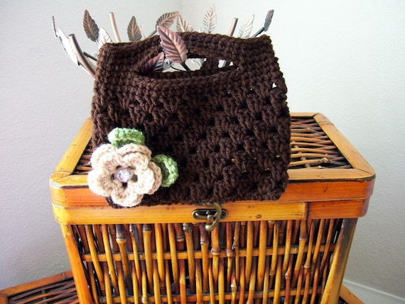Crocheted Coffee Clutch  Purse with Removable Buff Crochet Flower, Gem Button Center