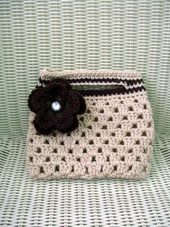 Crocheted Coffee Tofee Clutch Purse with Detachable Coffee Flower Gem Button Center
