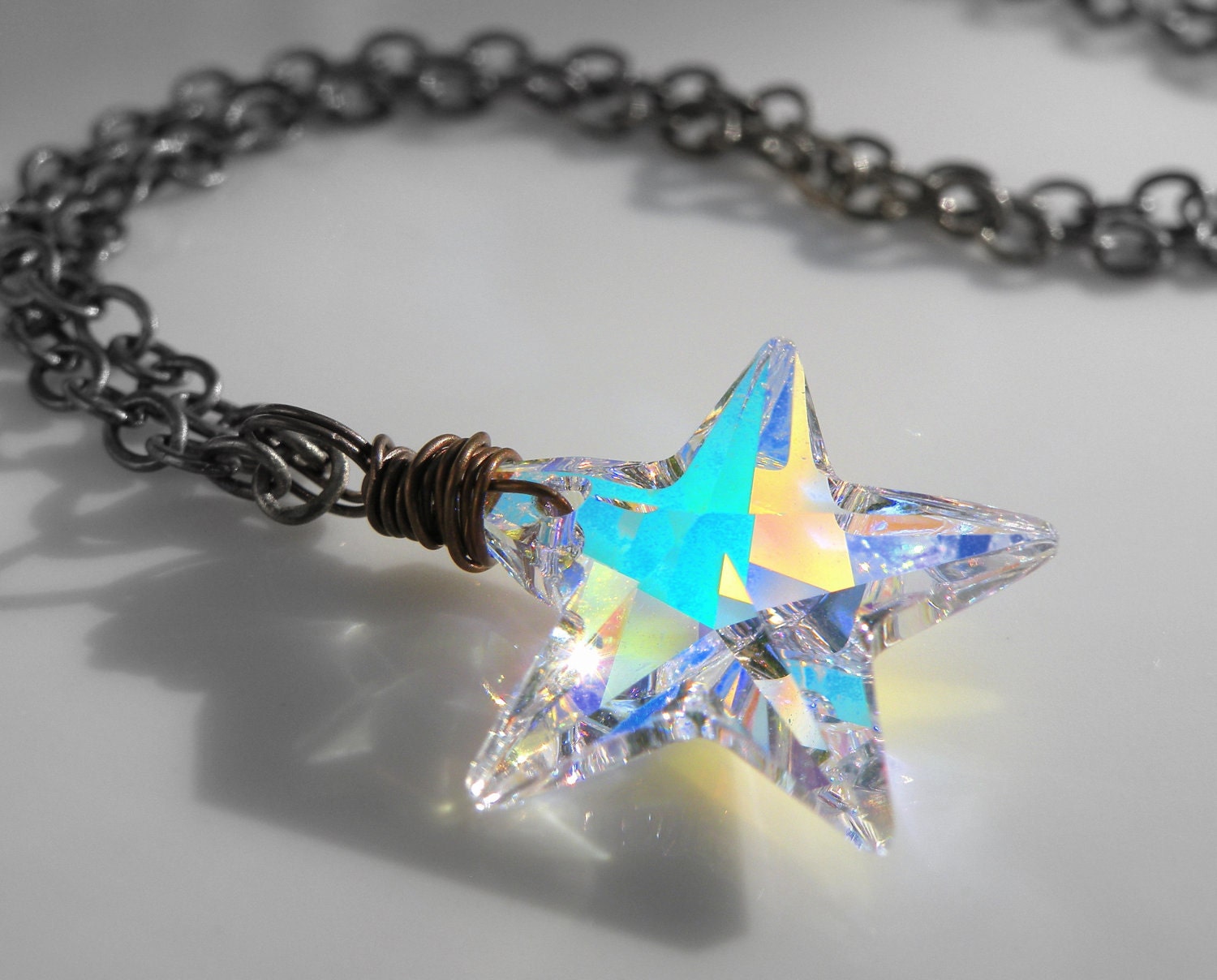 Swarovski Star Crystal Necklace, Vintage Brass, Star, Wire Wrapped, Handmade