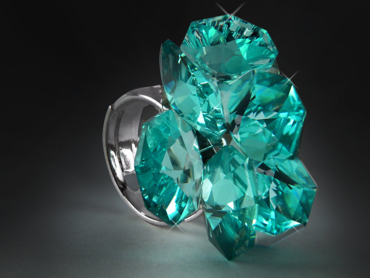 Blue Teal Green Ring Swarovski Crystal Silver Plated by LeelaBijou 