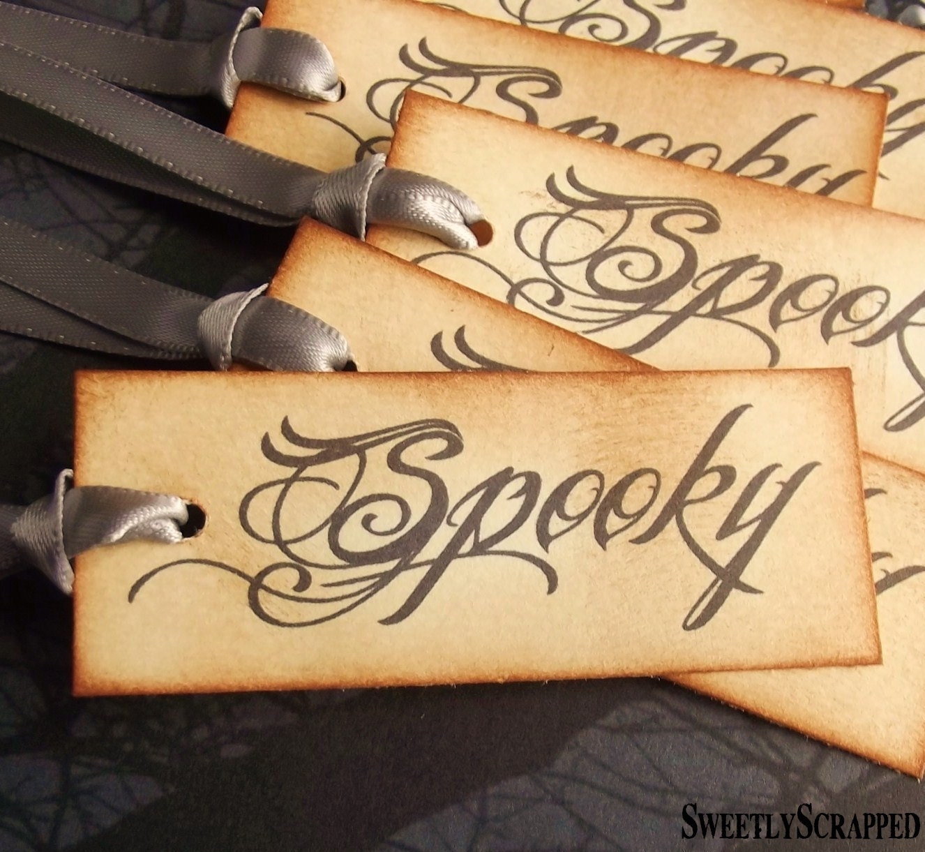 Spooky Halloween Tags - Script, Vintage Inspired, Black Text, Hand Aged, Silver Ribbon