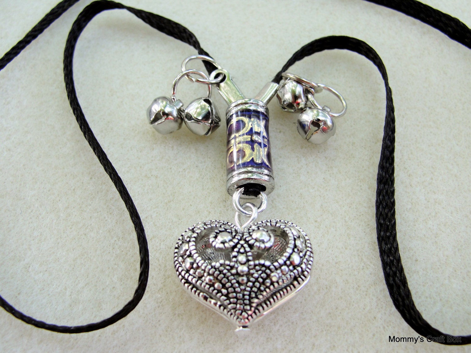 Heart Shaped Metal Pendant Necklace on Soft Deep Brown Cord with Metal Clasp- Mood Bead, and Fairy Bells
