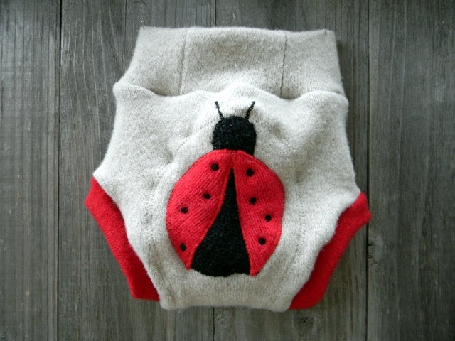 Upcycled Wool Soaker Cover Diaper Cover With Added Doubler Oatmeal/Red  With Ladybug Applique  MEDIUM Kidsgogreen