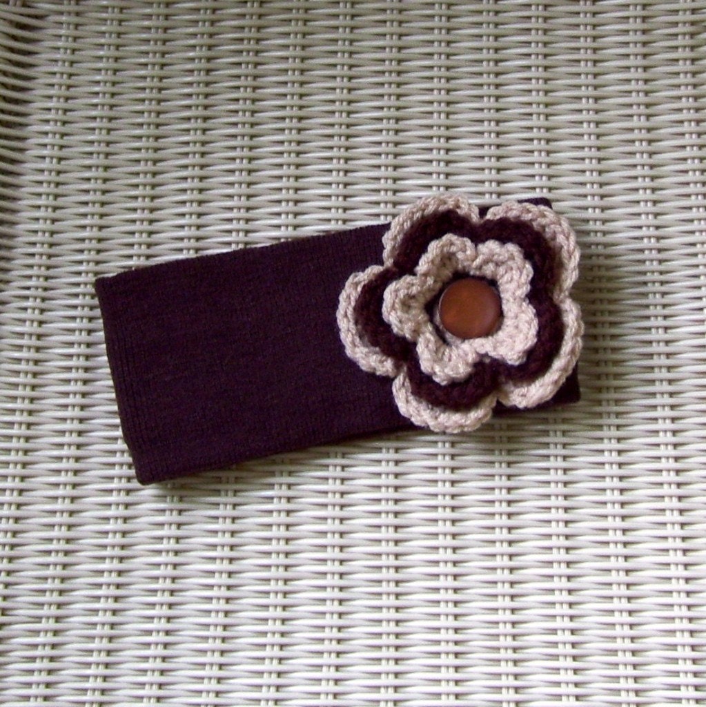 Winter Headband Ear Warmer Coffee With Flower and Button Center