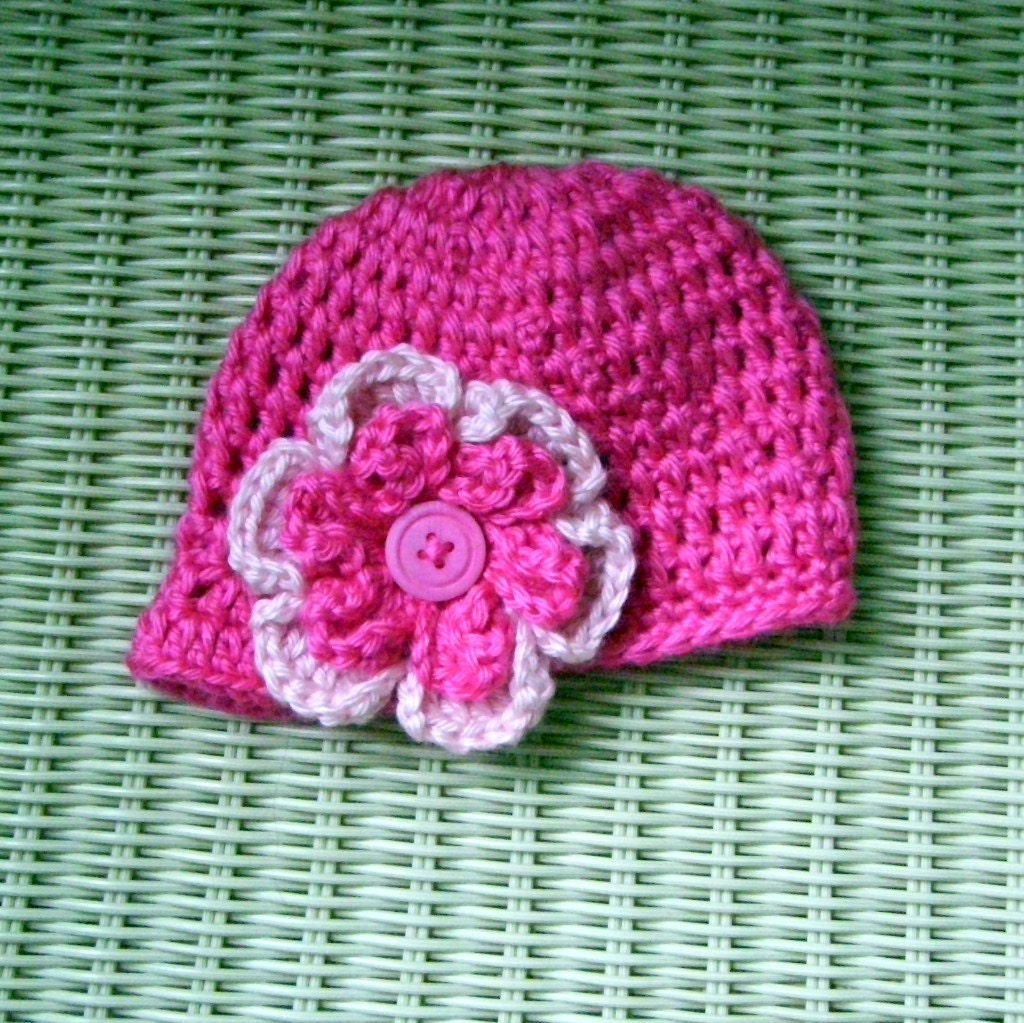 Newborn Crocheted Beanie Hat with Visor and Flower