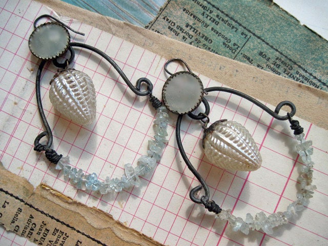 Cast for Madness or Love. Rustic Shabby Chic Altered Assemblage Vintage Gypsy Earrings with Aquamarine.