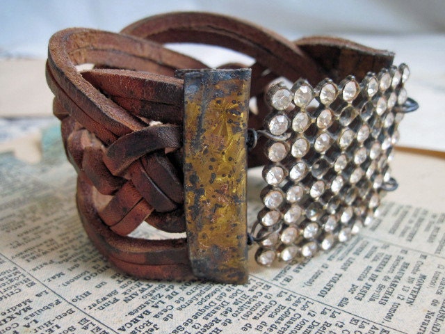 The Nine Worthies of Antiquity. Woven Leather Cuff with Vintage Rhinestone.