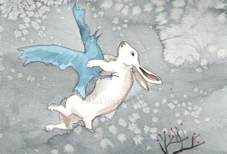 Bunny and Blue Bird- number 11- Original watercolor painting